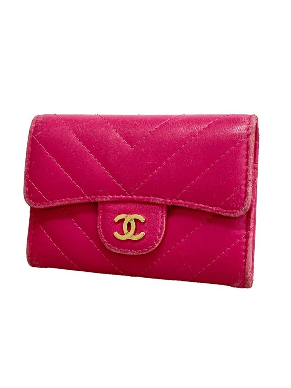 Chanel Card Case Chevron Lambskin Pink Gold